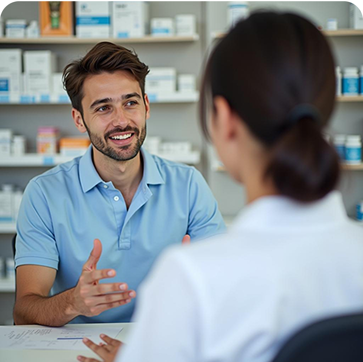 Pharmacist consulting with customer