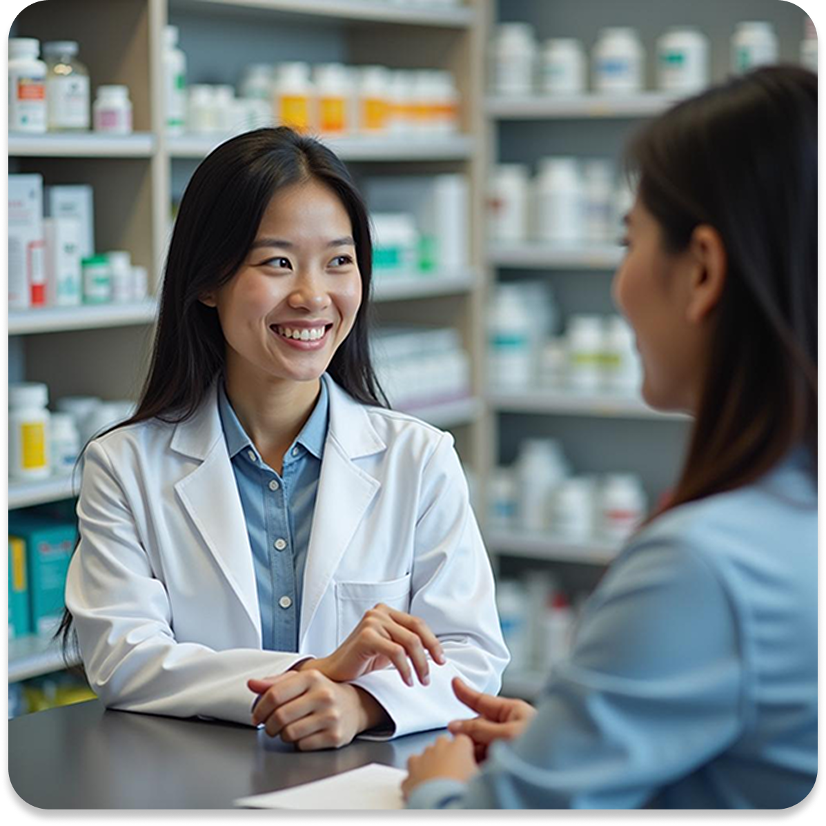 Pharmacist consulting with customer